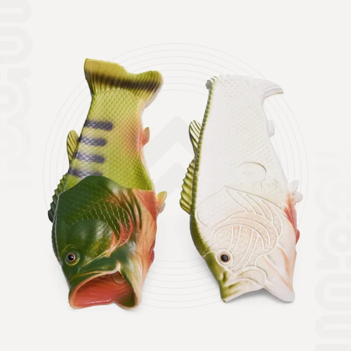 A pair of Green Bass slippers advertisement image from a frontal perspective.