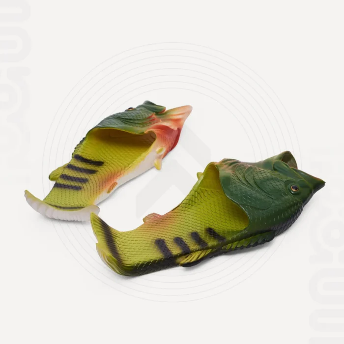 A close-up advertisement of the tail of a pair of Green Bass slippers.