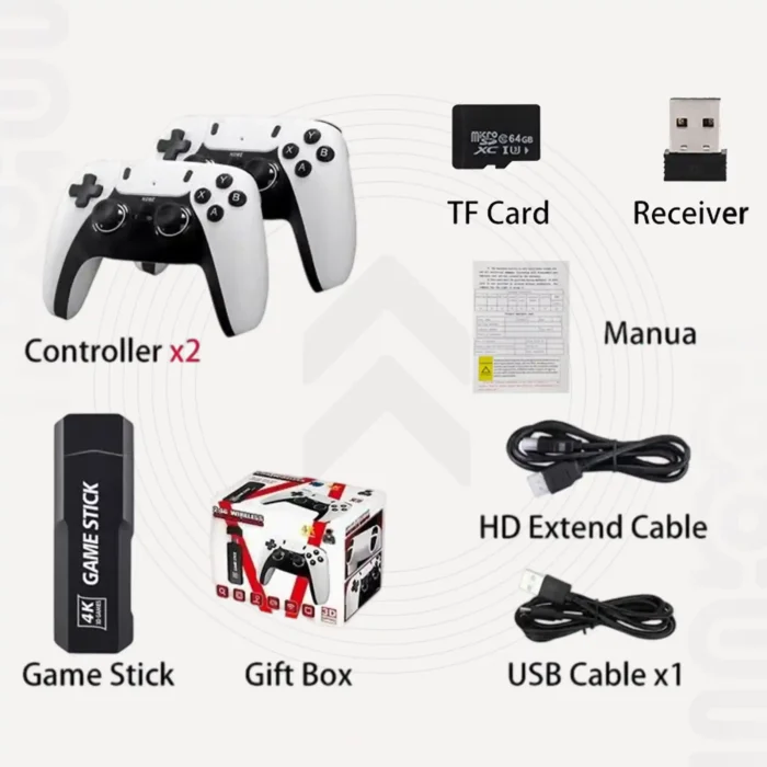 Accessories include Controller x2GAME STICKGift BoxUSB Cable x1ManuaHD Extend TF CardReceiver