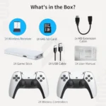 产品M15家用游戏机0401 dimoorcom Box Wireless Receiver64G SD CardHD ExtensionCableInstruction ManualGame StickUSB CableUser Manual2x WIREESS controllers