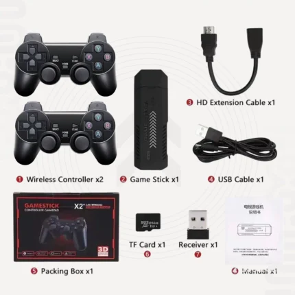 产品X2家用电视游戏机0201 dimoorcom Box Wireless Receiver64G SD CardHD ExtensionCableInstruction ManualGame StickUSB CableUser Manual2x WIREESS controllers