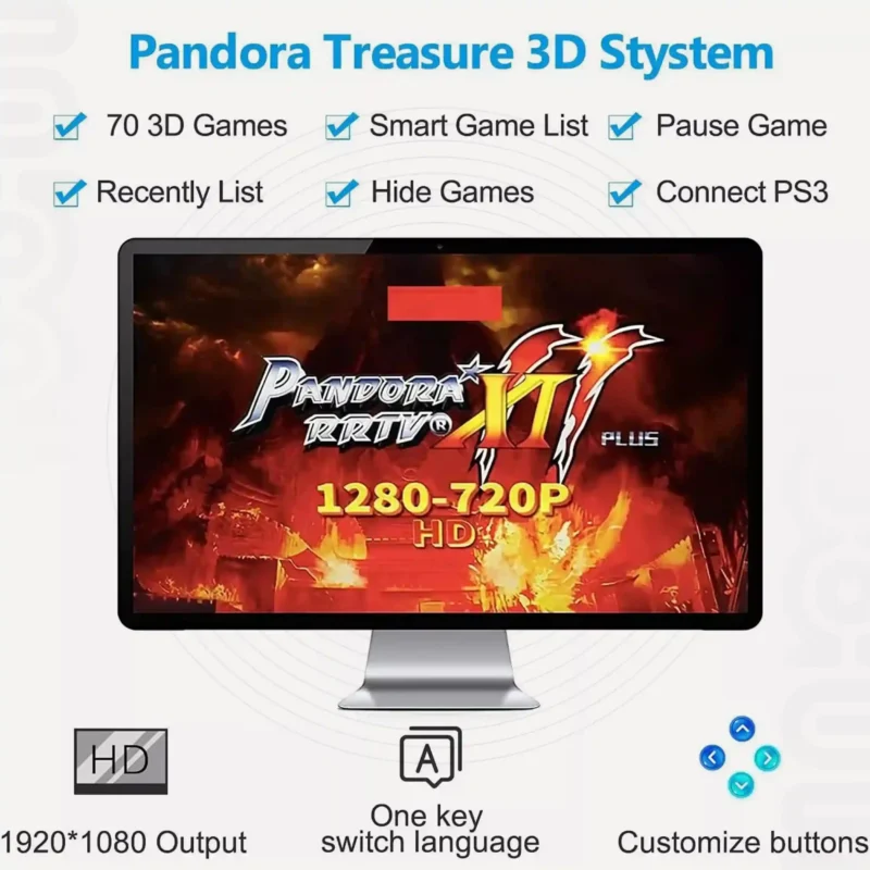 arcade machine-Pandora Treasure 3D Stystem:70 3D Games,Smart Game List,Pause Game,Recently List,Hide Games,Connect PS3,1920*1080 Output,One key,switch language,Customize buttons.