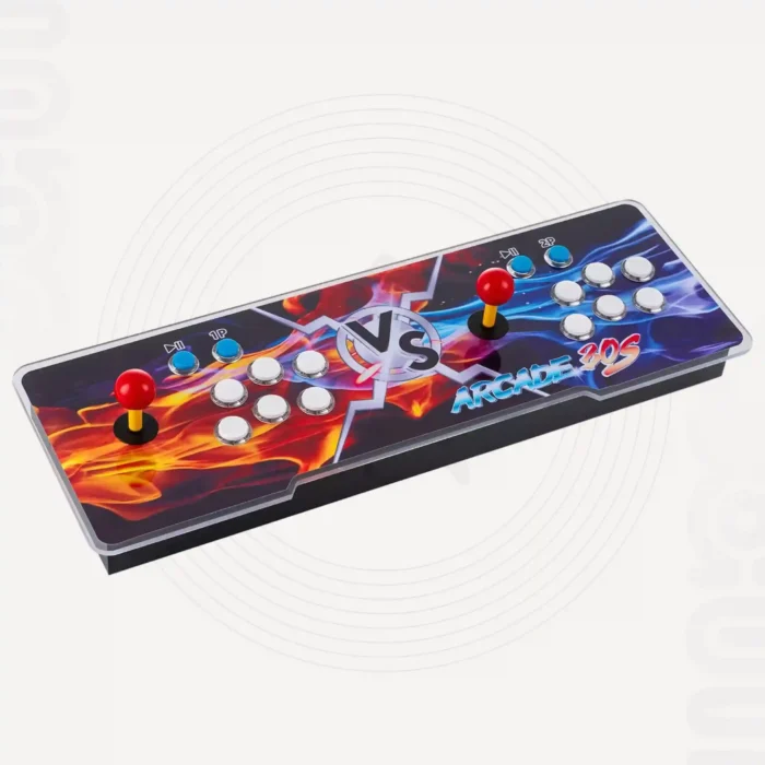 Pandora Box 90S product showcase on the left side of the consoleArcade machine controls with joystick and buttons arcade machine