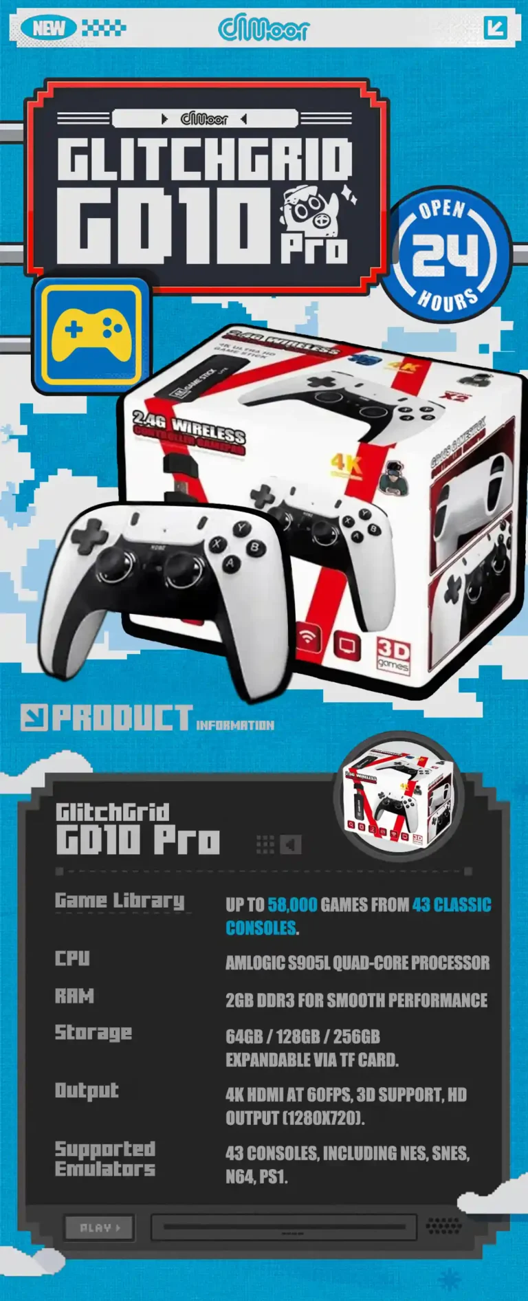 The first part of the best emulator console GD10 Pro details page, product diagram and product information.