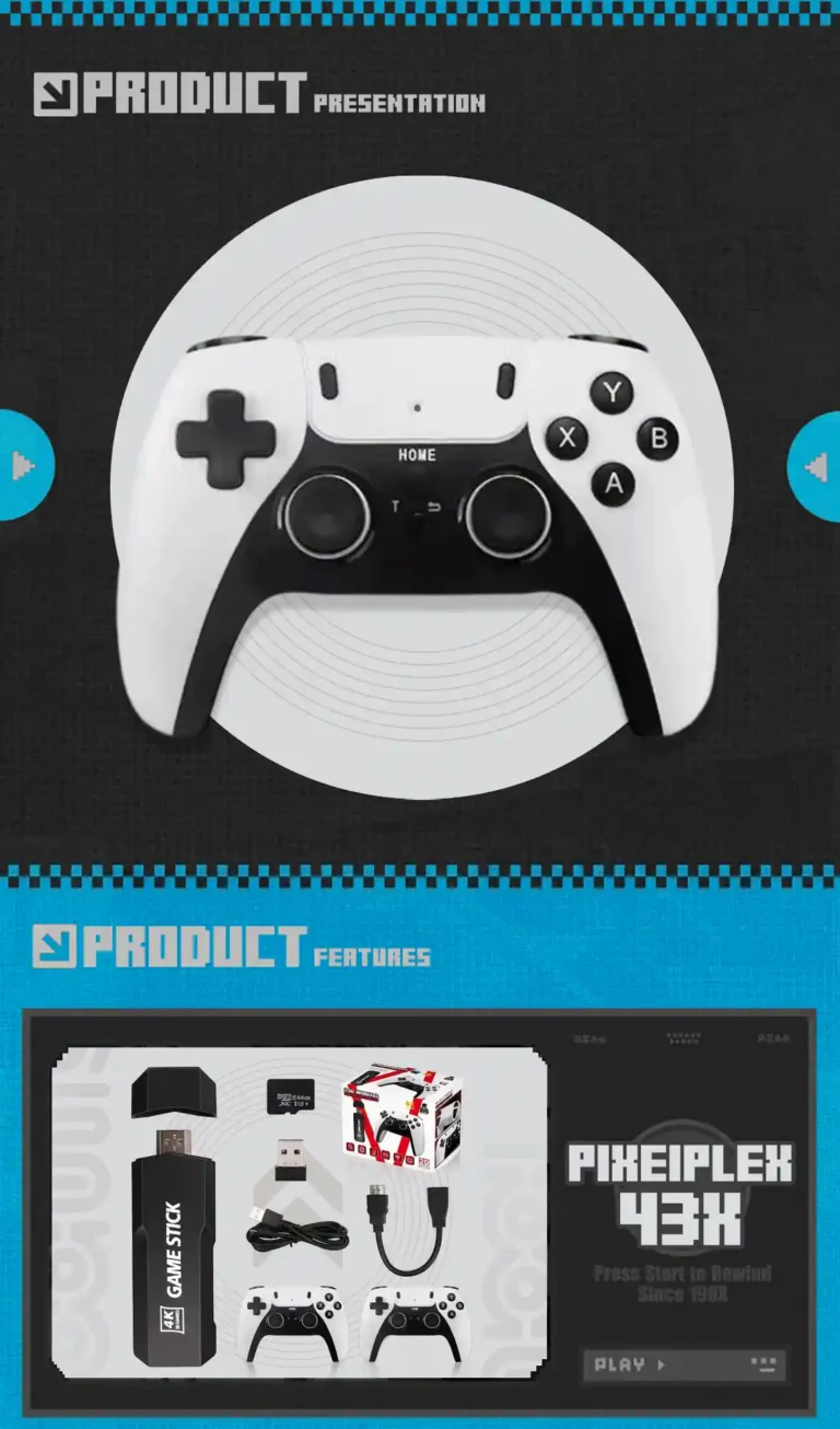 The second part of the best emulator host GD10 Pro details page, product handle close-up and product box containing parts.